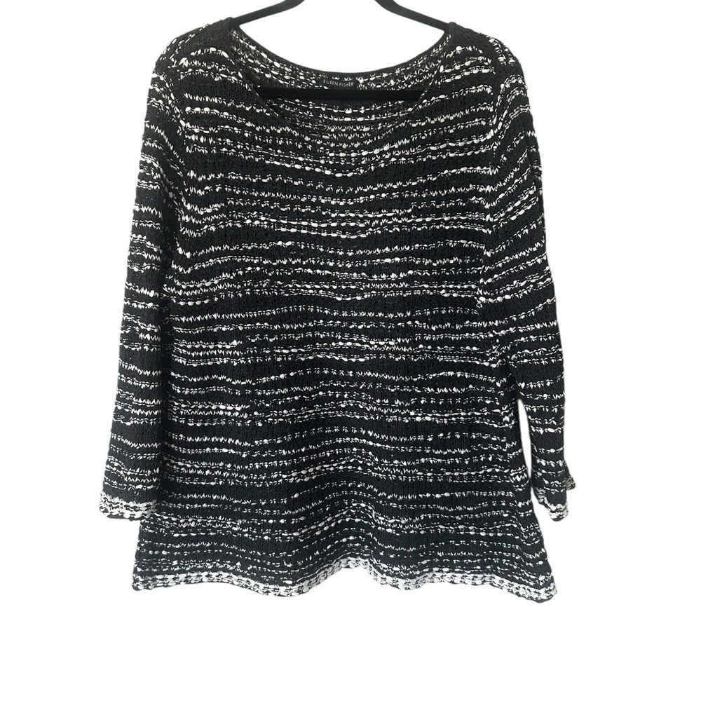 Eileen Fisher Sweater Open/Loose Knit Textured Popcorn Black White Large Cotton
